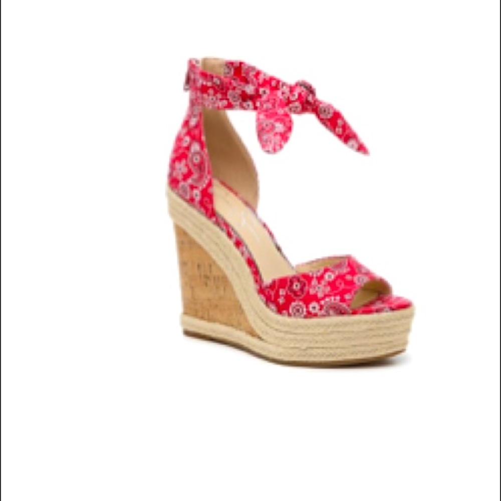 Jessica Simpson Red Bandana Print Espadrille Wedge Sandals